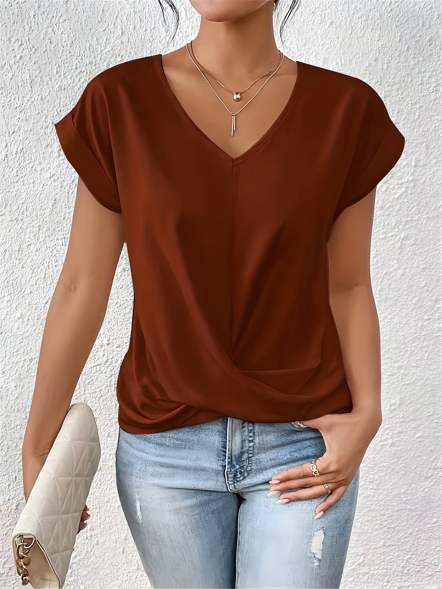 Women's V-Neck Twist Front Summer Top  Relaxed Fit Cap Sleeve Casual Blouse