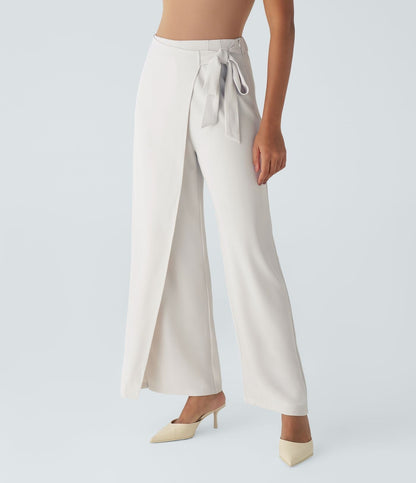 Women’s High Waist Wrap Pants with Wide Leg and Side Slit