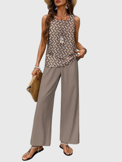 Women's Floral Print Two Piece Set Sleeveless Top and Wide Leg Pants Outfit