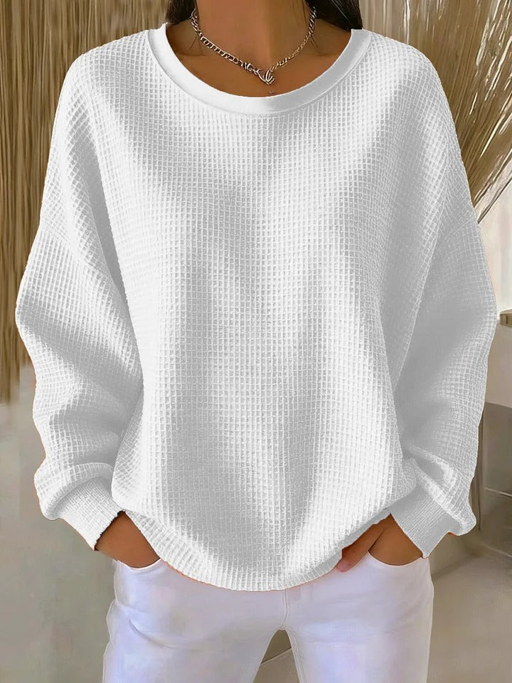 Women's Waffle Knit Long Sleeve Top with Round Neck