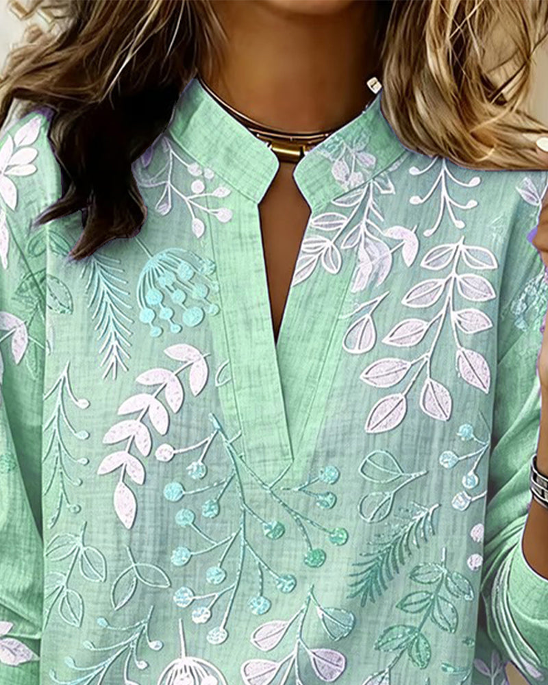 Women's Floral Embroidered V-Neck Blouse with Long Sleeves