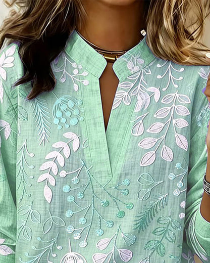 Women's Floral Embroidered V-Neck Blouse with Long Sleeves