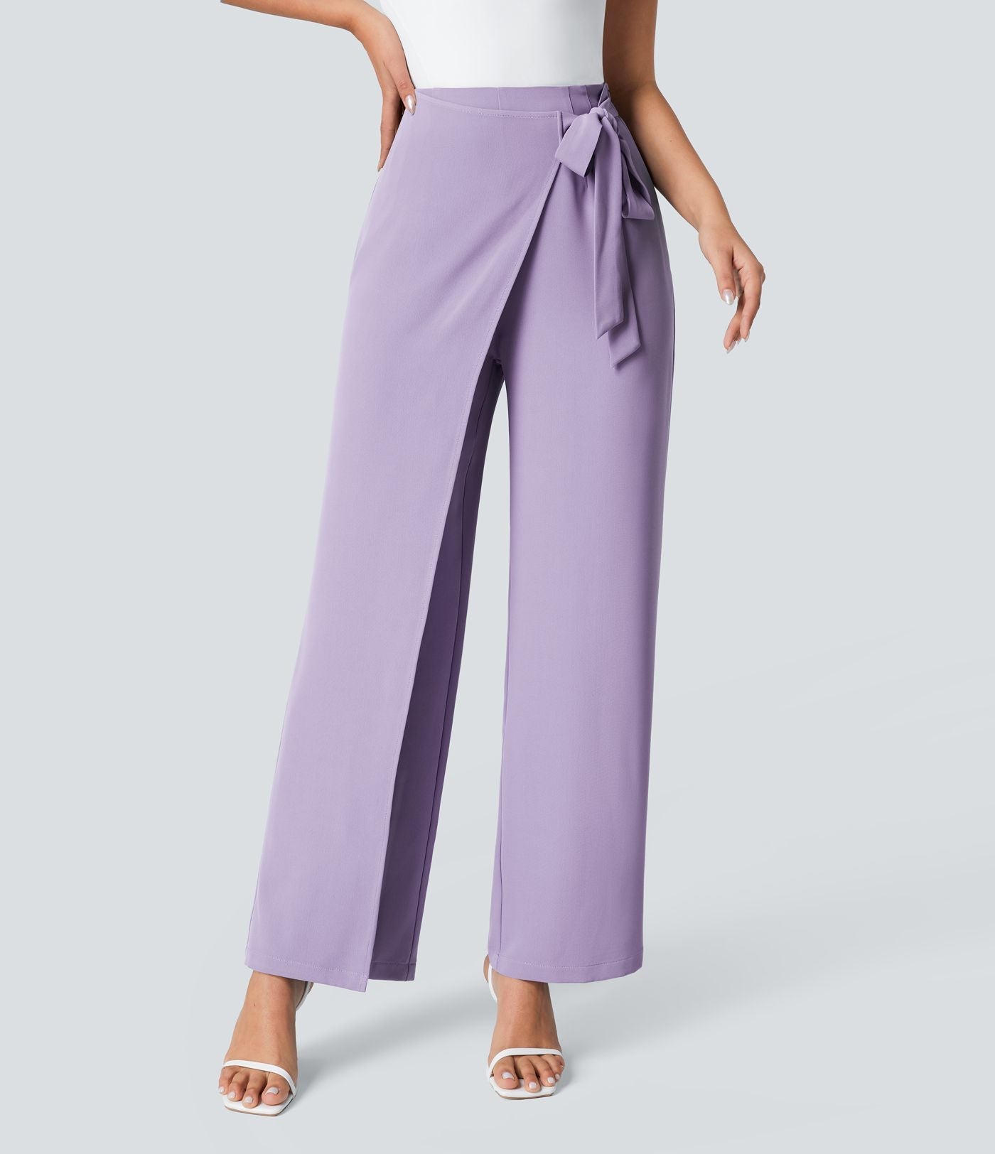 Women’s High Waist Wrap Pants with Wide Leg and Side Slit