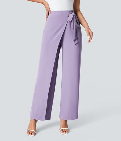 Women’s High Waist Wrap Pants with Wide Leg and Side Slit