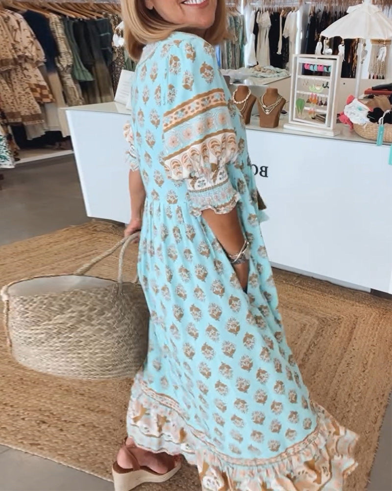 Women's Printed V-Neck Midi Dress with Relaxed Fit