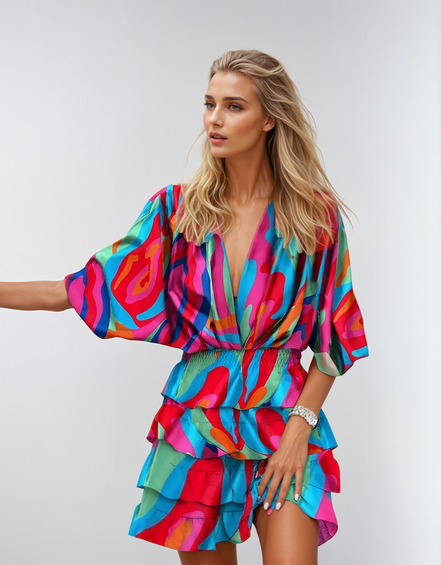 Women’s Wrap Mini Dress with Flowing Sleeves and Relaxed Fit