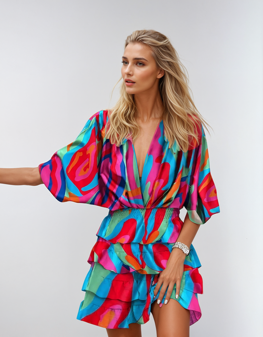 Women’s Wrap Mini Dress with Flowing Sleeves and Relaxed Fit
