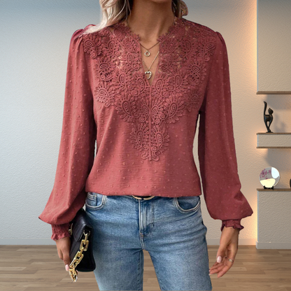 Women's Elegant Lace V-Neck Blouse Slim Fit Long Sleeve Casual Chic Top