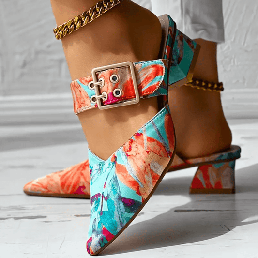 Women’s Colorful Printed Heels with Strap and Block Heel