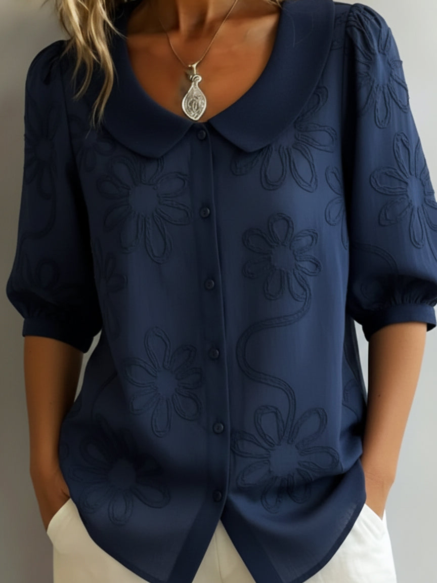 Women's Floral Embroidered Blouse with Peter Pan Collar