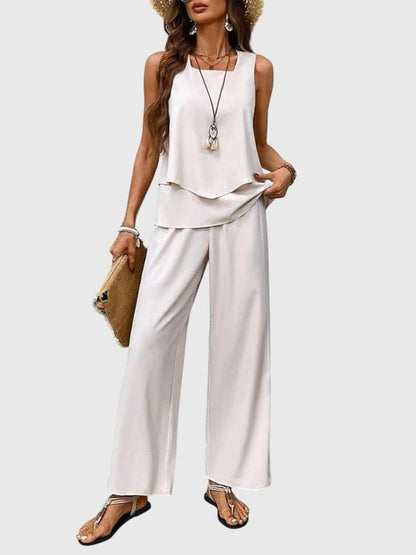 Women's Floral Print Two Piece Set Sleeveless Top and Wide Leg Pants Outfit