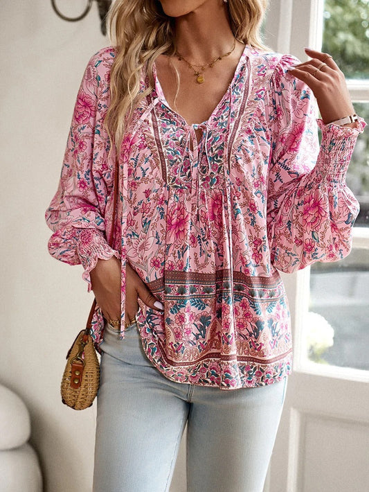 Women's Boho Floral V-Neck Blouse Loose Fit Lightweight Summer Casual Top