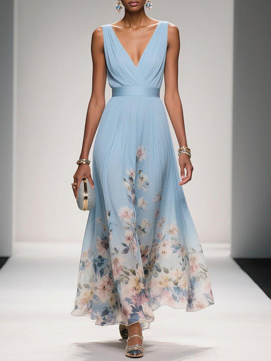 Women’s Floral V Neck Elegant Flowing Summer Maxi Dress
