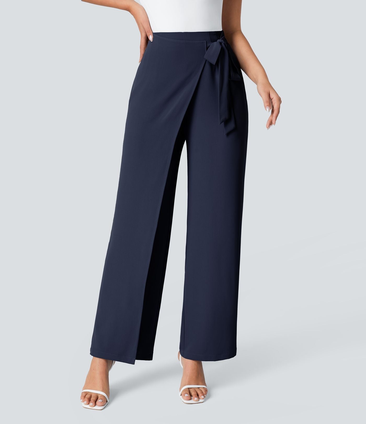 Women’s High Waist Wrap Pants with Wide Leg and Side Slit