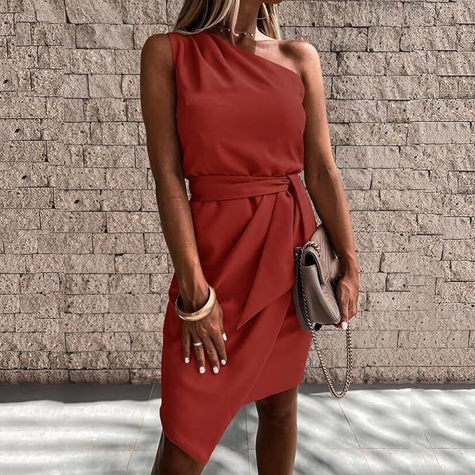 Women’s One Shoulder Draped Waist Elegant Party Midi Dress