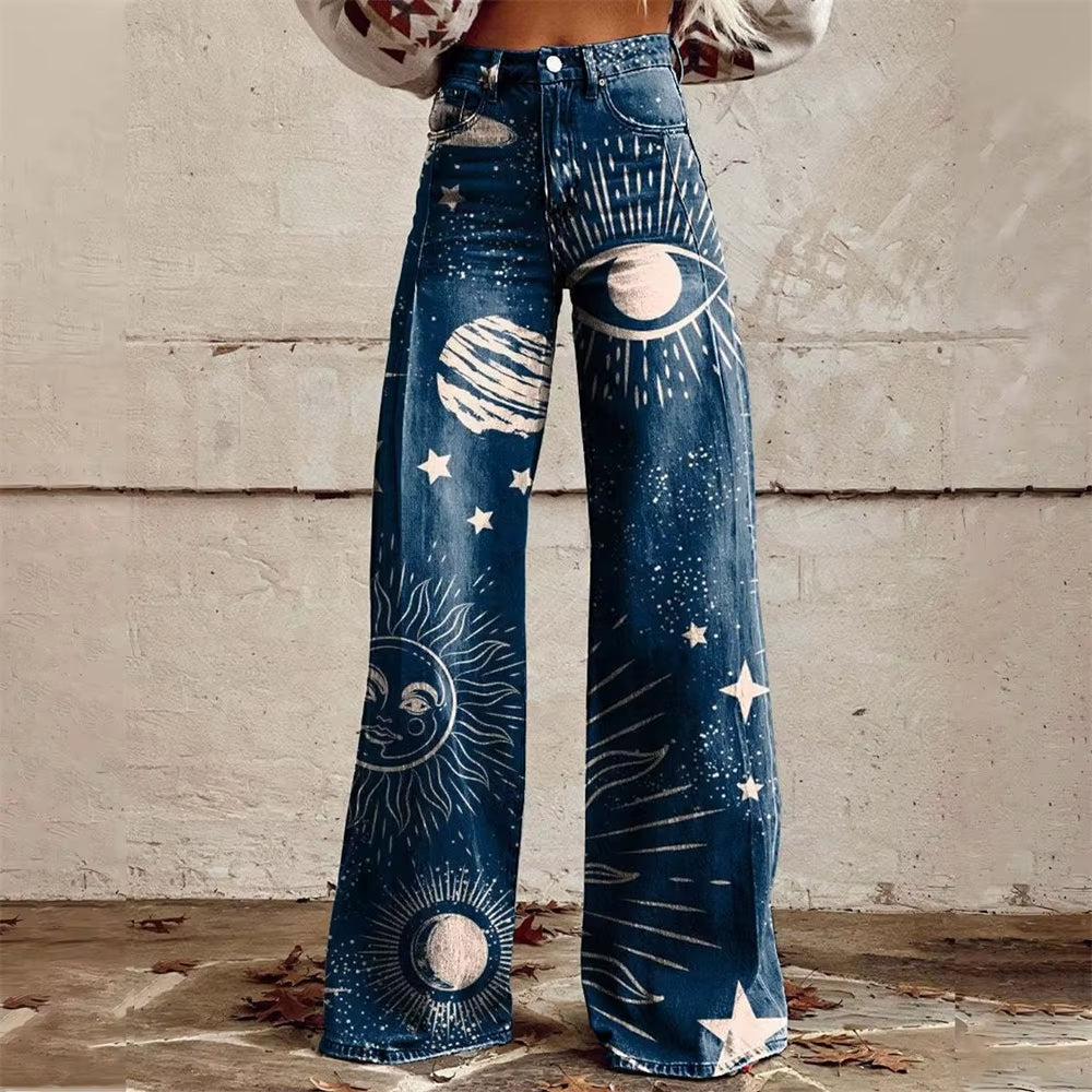 Women's Floral Wide Leg Jeans – High Waist Flared Fit Stretch Denim Pants