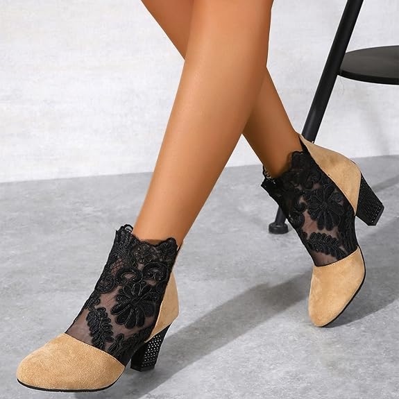 Women's Lace Panel Block Heel Ankle Orthopedic Boots