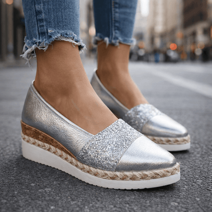 Women’s Glitter Wedge Loafers with Slip On Design and Cushioned Sole