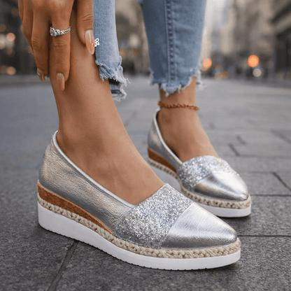 Women’s Glitter Wedge Loafers with Slip On Design and Cushioned Sole