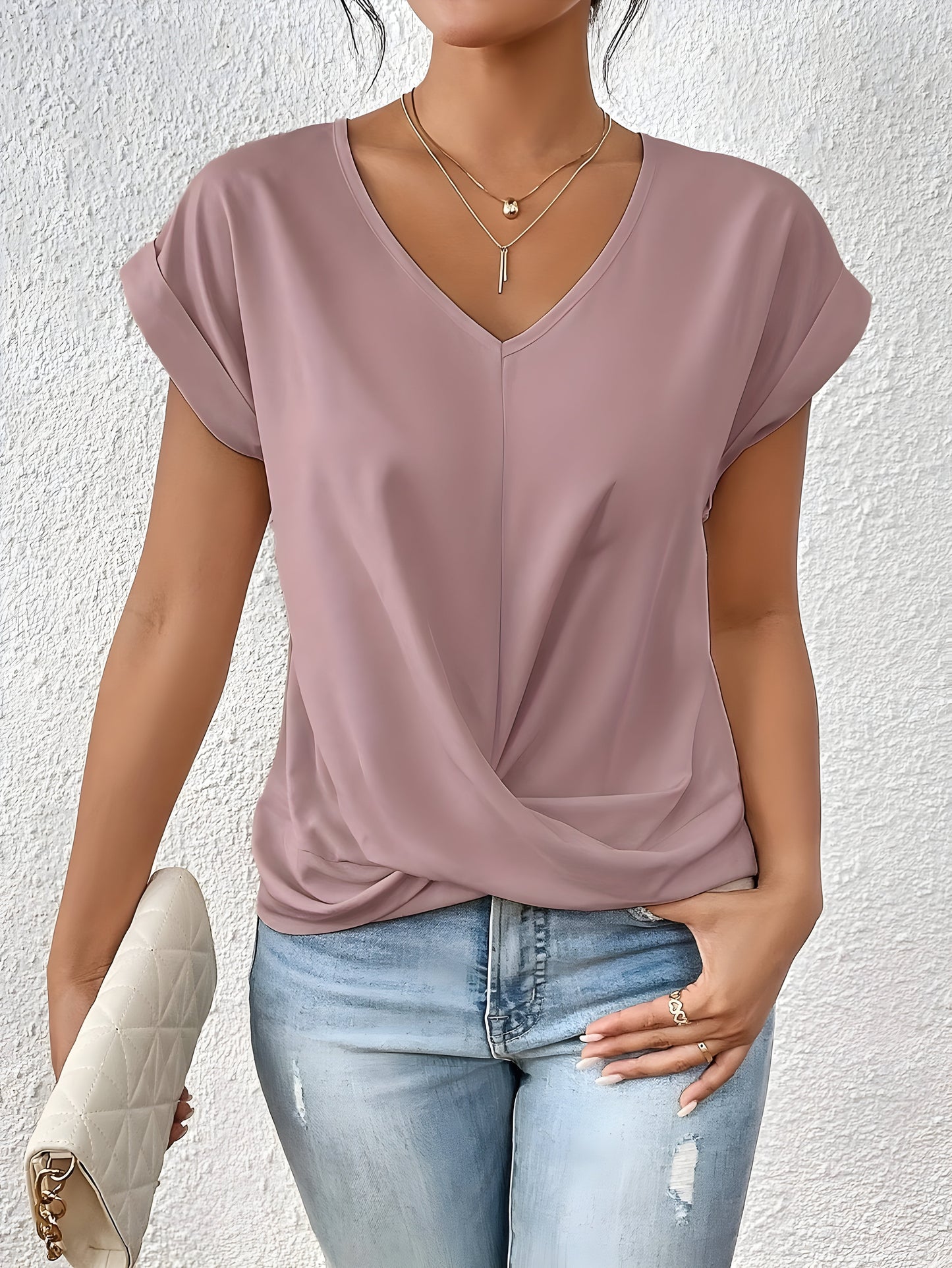 Women's V-Neck Twist Front Summer Top  Relaxed Fit Cap Sleeve Casual Blouse
