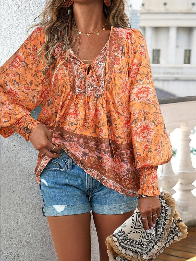 Women's Boho Floral V-Neck Blouse Loose Fit Lightweight Summer Casual Top