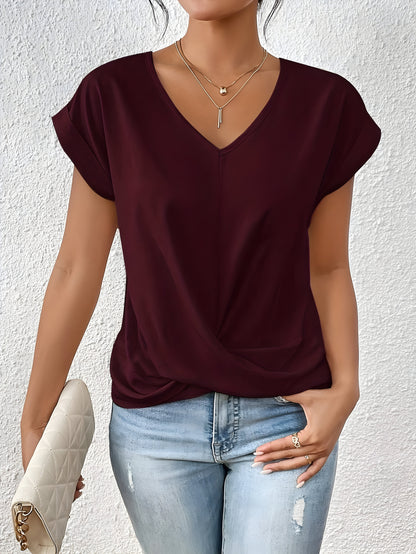 Women's V-Neck Twist Front Summer Top  Relaxed Fit Cap Sleeve Casual Blouse