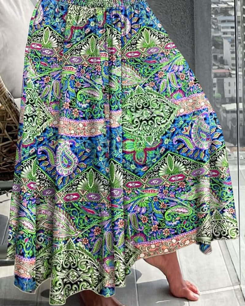 Women’s Floral Pleated Midi Skirt with Elastic Waist and Flowing Fit