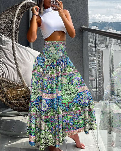 Women’s Floral Pleated Midi Skirt with Elastic Waist and Flowing Fit