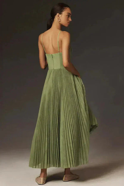 Women’s Pleated Strappy Elegant Flowing Maxi Dress