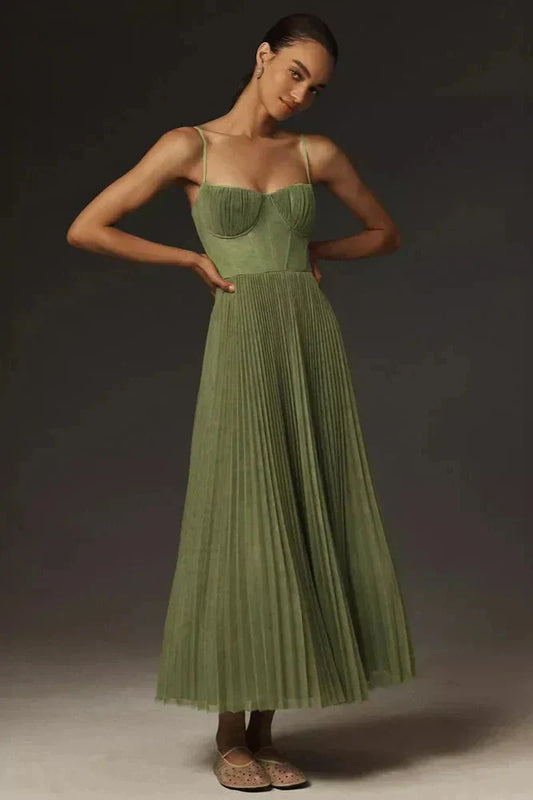 Women’s Pleated Strappy Elegant Flowing Maxi Dress