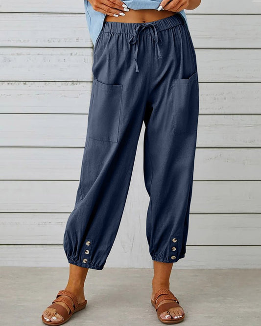 Women’s High Waist Drawstring Pants with Pockets and Button Hem
