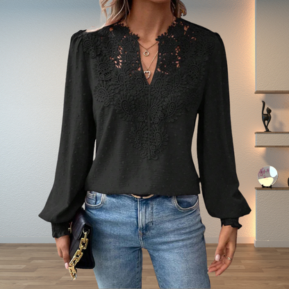 Women's Elegant Lace V-Neck Blouse Slim Fit Long Sleeve Casual Chic Top