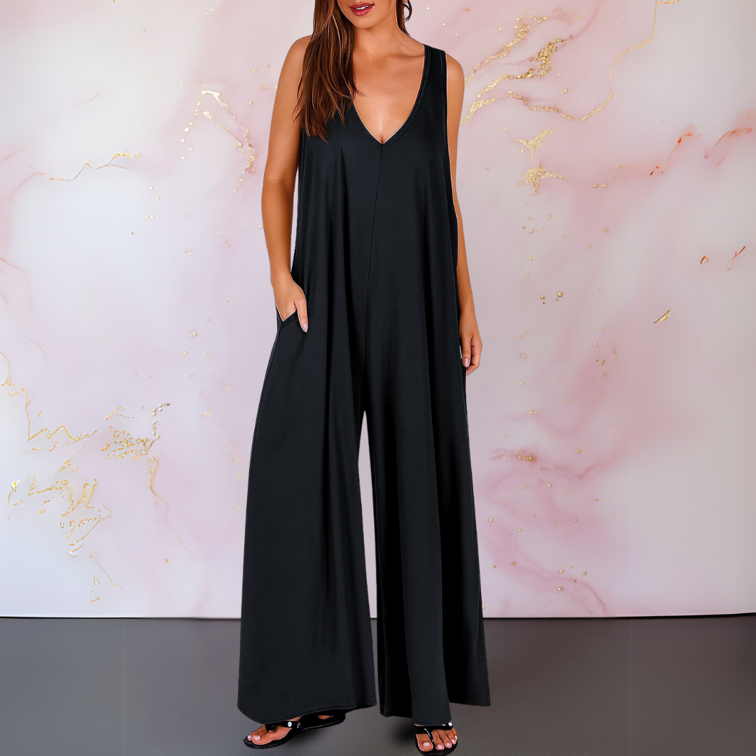 Women’s Sleeveless Wide Leg Jumpsuit with V Neck