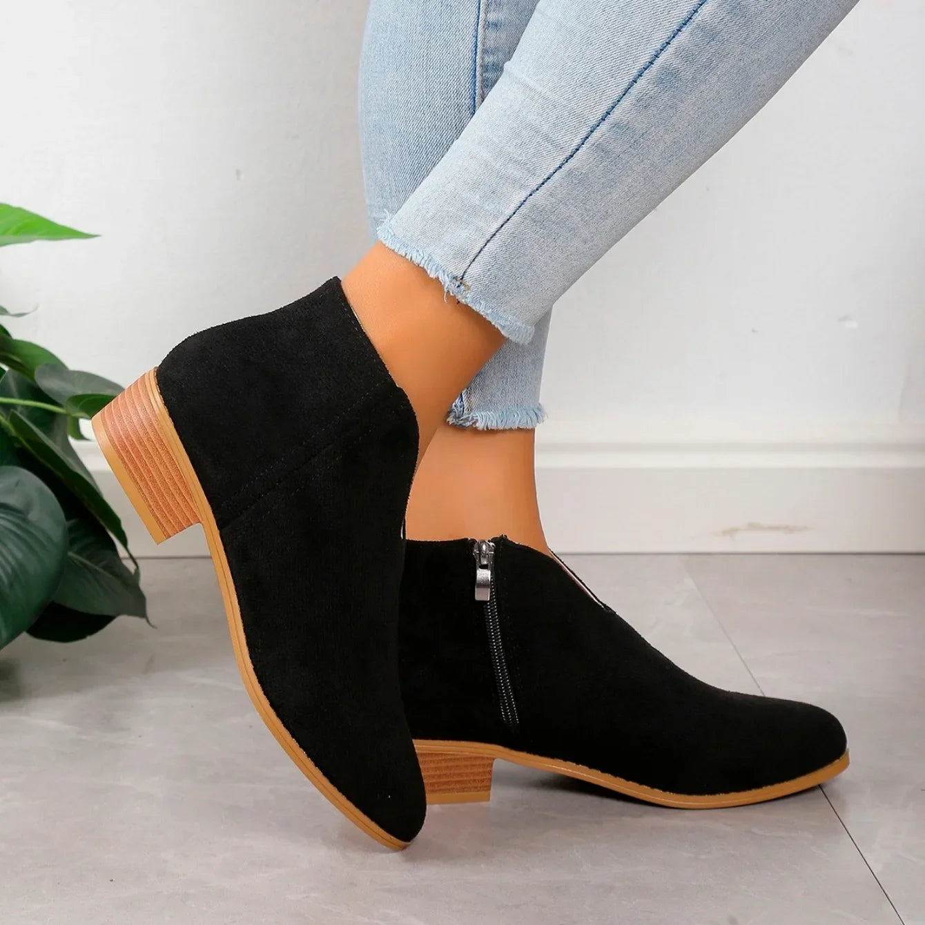 Women’s Leopard Print Ankle Boots with Side Zipper and Low Heel