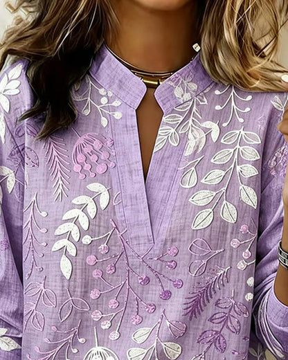 Women's Floral Embroidered V-Neck Blouse with Long Sleeves