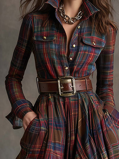 Women’s Plaid Maxi Dress with Button Front and Belted Waist