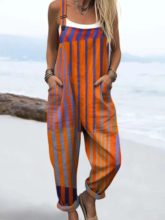 Women's Striped Colorful Jumpsuit with Pockets – Loose Fit Casual Summer Overalls