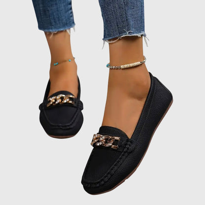 Women’s Loafers with Diamond Buckle and Flat Wedge Sole
