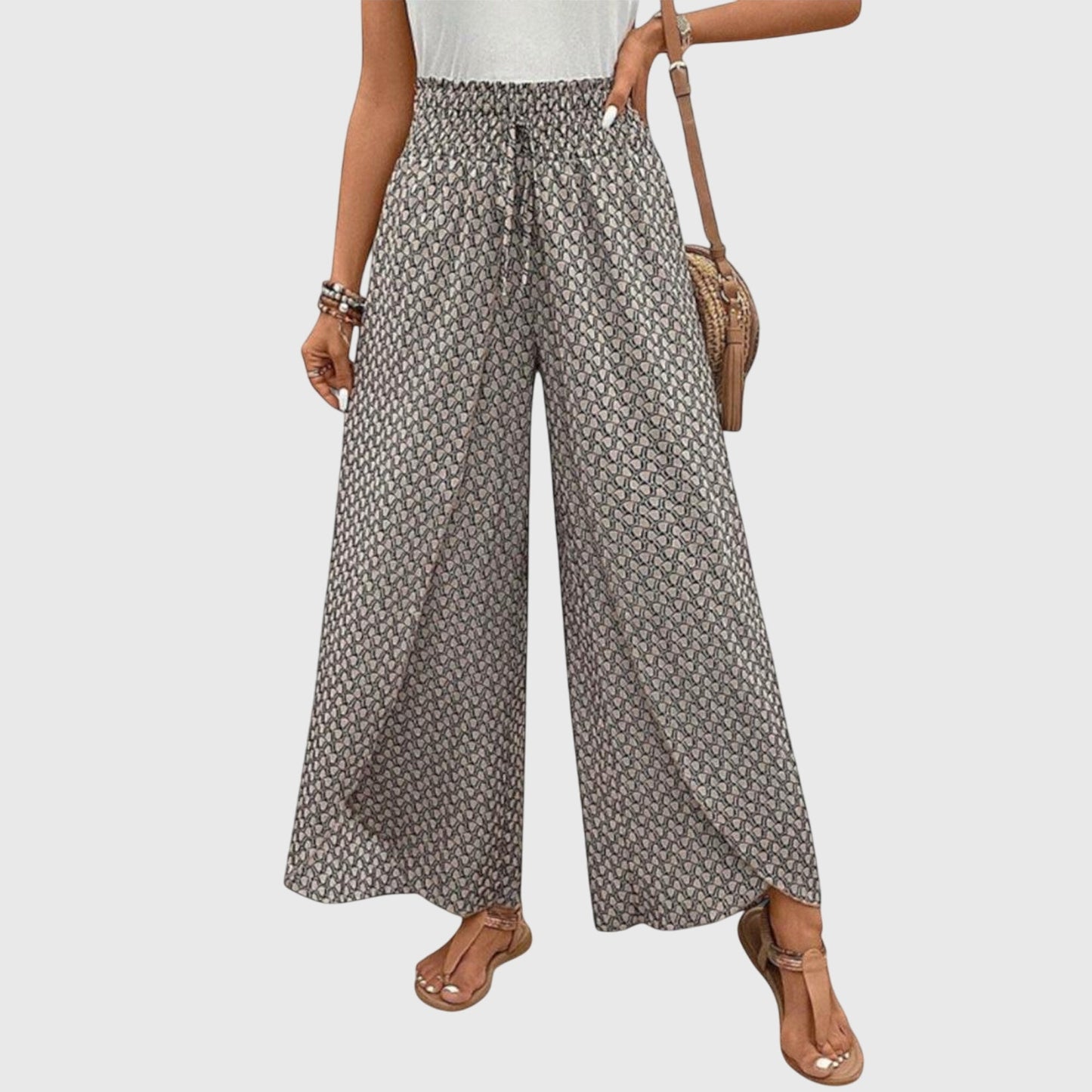 Women’s Wide Leg Printed Pants with Pull-On Waist and Flowing Fit