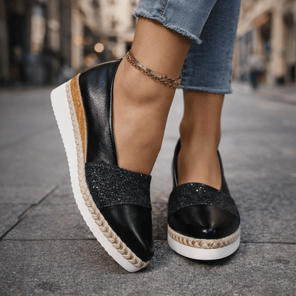 Women’s Glitter Wedge Loafers with Slip On Design and Cushioned Sole