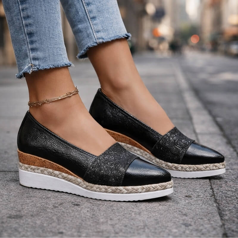 Women’s Glitter Wedge Loafers with Slip On Design and Cushioned Sole