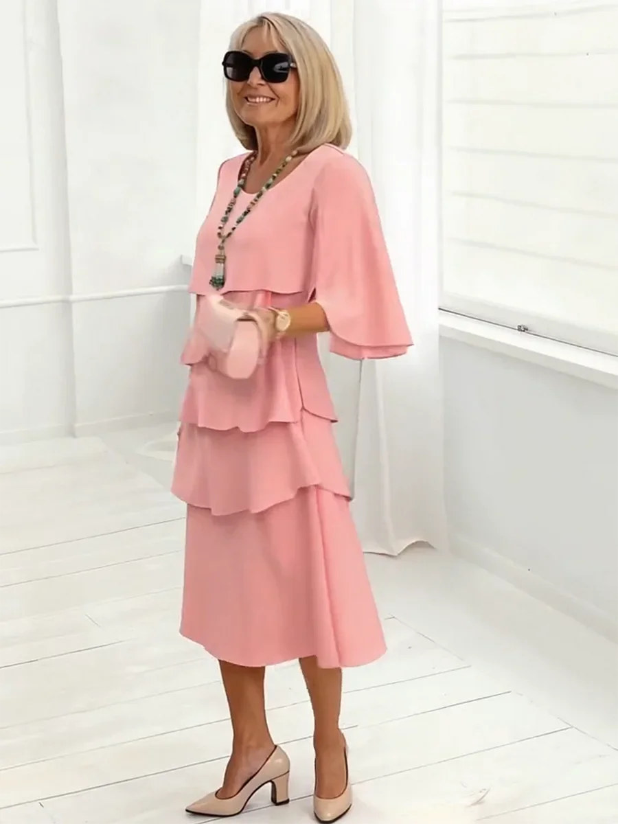 Women's Elegant Midi Dress with Ruffle Layers and Split Sleeves