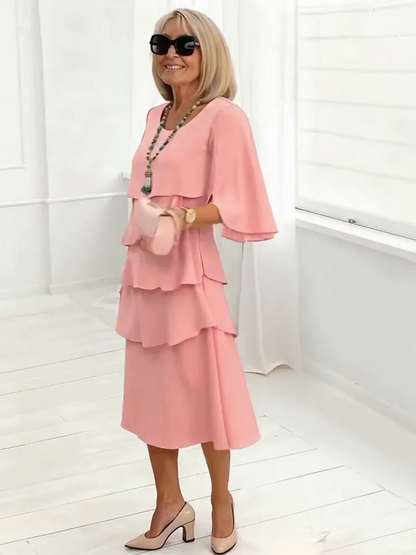 Women's Elegant Midi Dress with Ruffle Layers and Split Sleeves