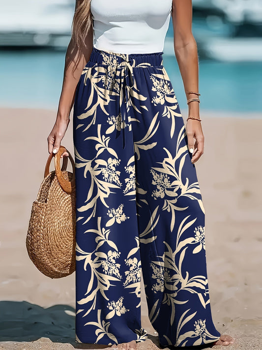 Women’s Wide Leg Printed Pants with Elastic Waist and Flowing Fit