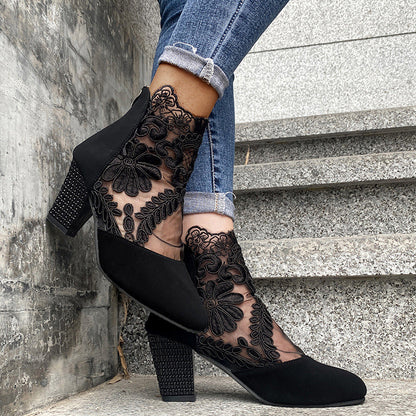Women's Lace Panel Block Heel Ankle Orthopedic Boots