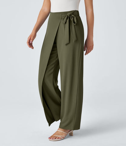 Women’s High Waist Wrap Pants with Wide Leg and Side Slit