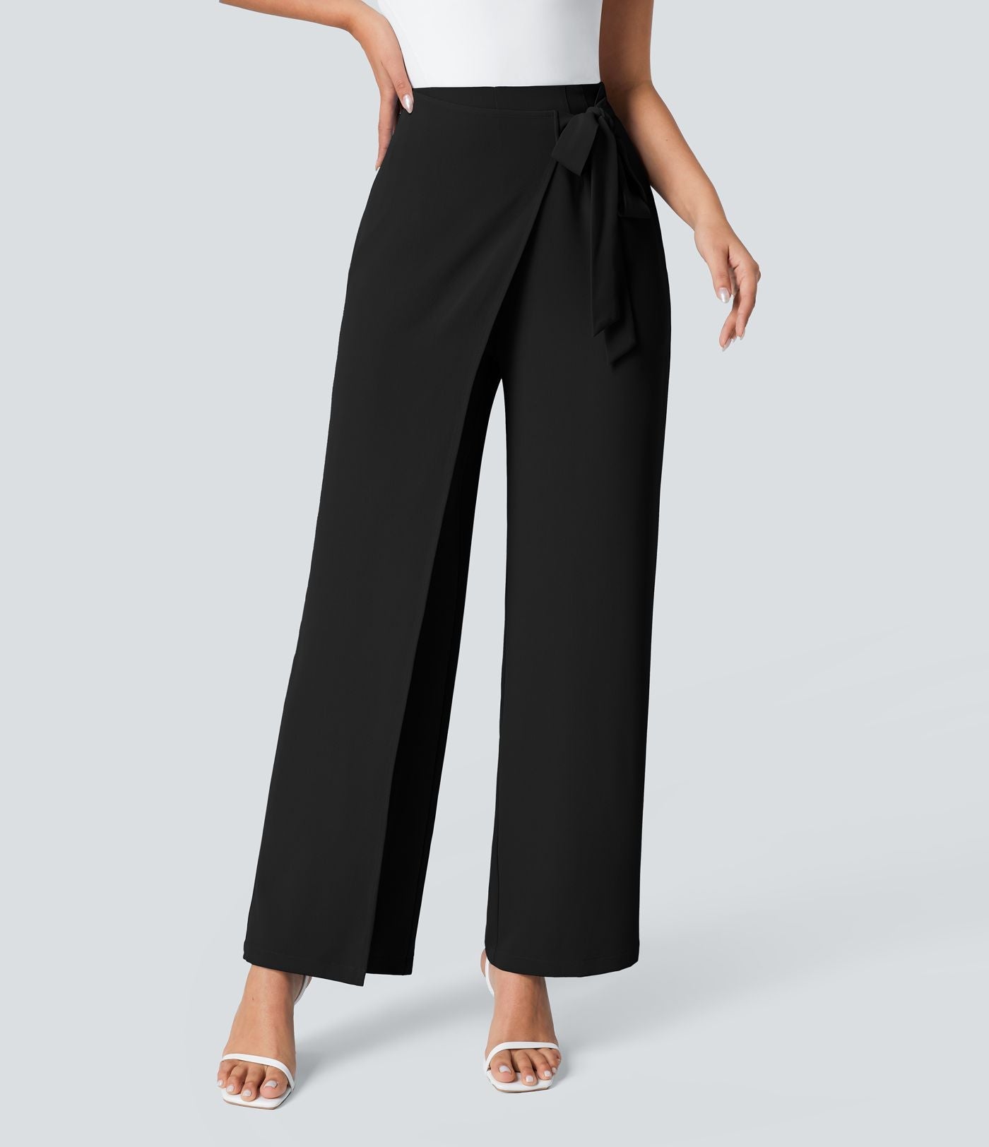 Women’s High Waist Wrap Pants with Wide Leg and Side Slit