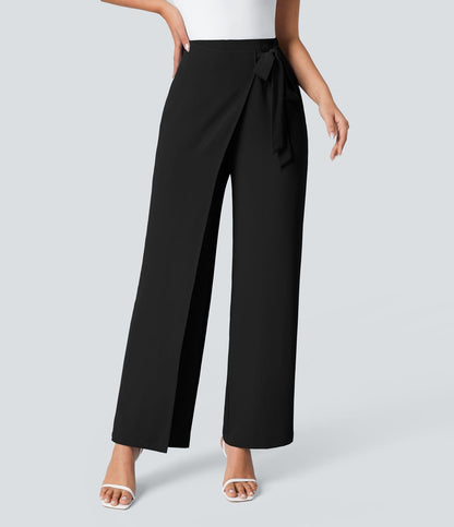 Women’s High Waist Wrap Pants with Wide Leg and Side Slit