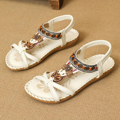 Women’s Boho Beaded Flat Sandals with Slip-On Design and Cushioned Sole