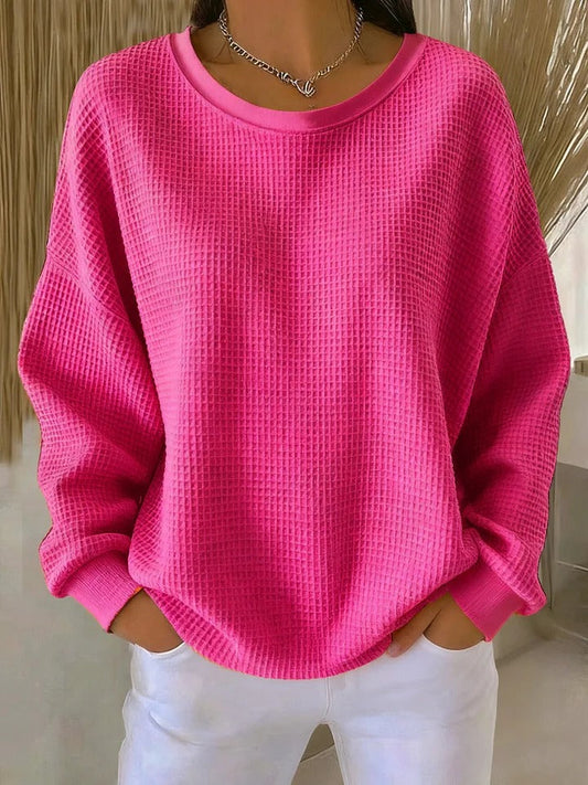 Women's Waffle Knit Long Sleeve Top with Round Neck